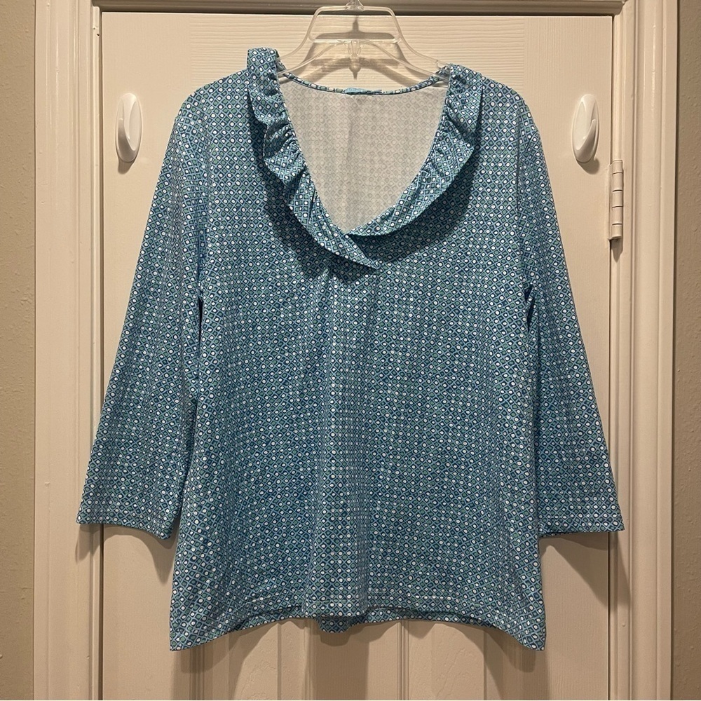 J. McLaughlin Durham Top Women’s Sz XL Blue Catalina Cloth Ruffle 3/4 Sleeve